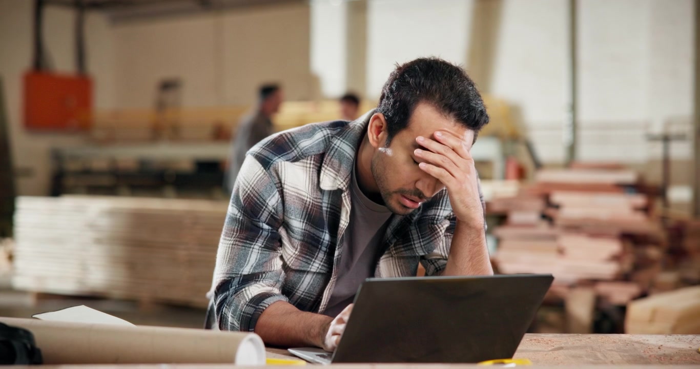 Stressed Carpenter Working on Laptop in Woodworking Workshop