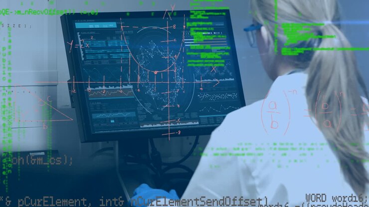Animation of data processing over caucasian female scientist using computer