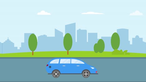 coche azul moviéndose en la carretera con el fondo del paisaje urbano