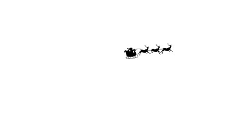 Digital-animation-of-black-silhouette-of-santa-claus-in-sleigh-being-pulled-by-reindeers-against-whi