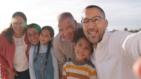 familia, cara y selfie feliz en verano