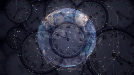 animación de redes de conexiones y globo sobre múltiples relojes moviéndose rápidamente