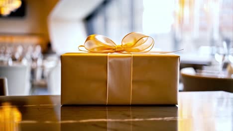 a wrapped gift with a gold bow
