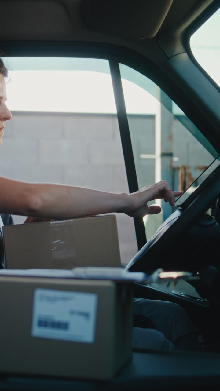 Female Delivery Driver with Packages and Tablet in a Van