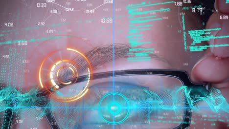 animation of processing circle and data on digital screen over eye of caucasian man