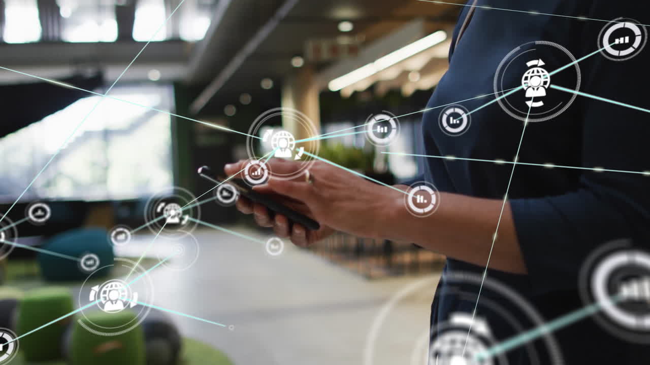 Holding smartphone, person surrounded by network connections and data animations