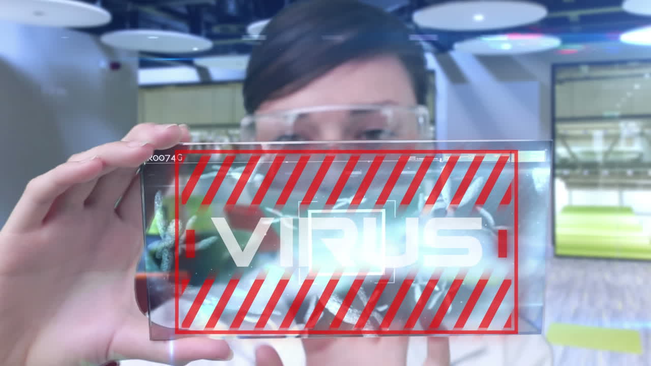 Animation of scientist wearing protective face mask and with word Virus.