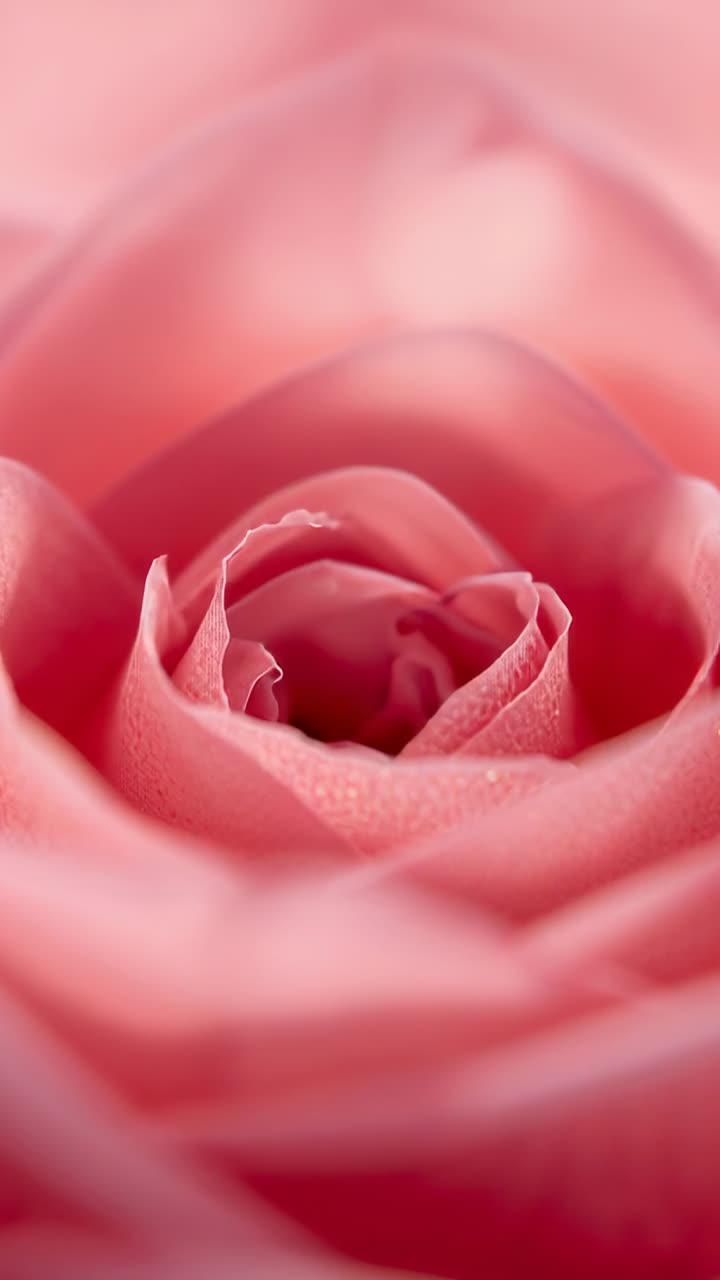 Video verticale: obiettivo con messa a fuoco che si chiude su una rosa rosa in studio, rivelando la texture dei petali e le goccioline