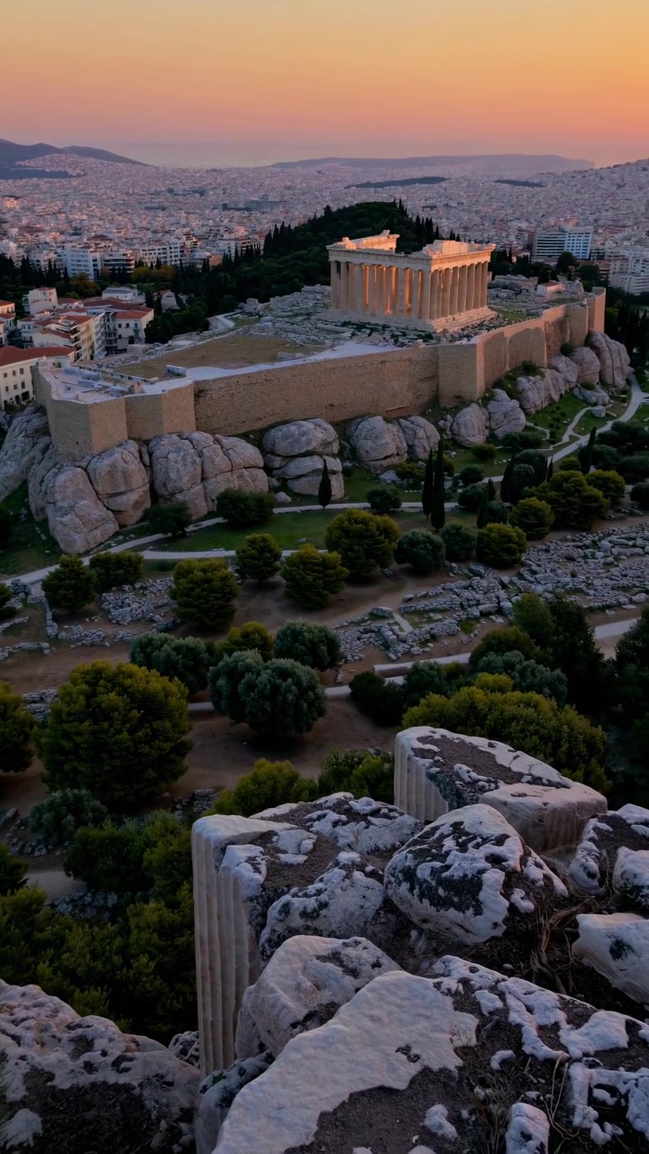 Udsigt i den gyldne time af Parthenon og Akropolis i Athen