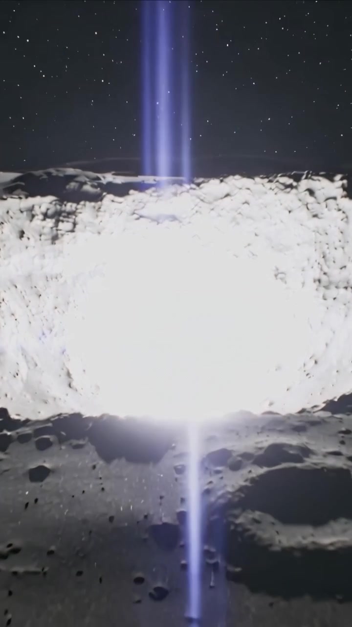 Video verticale: Bagliore che inizia dal fondo del cratere, cratere centrale che emette un raggio bluastro, illuminando la superficie