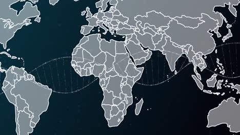 Animación-De-Una-Cadena-De-ADN-Girando-Sobre-El-Mapa-Mundial.