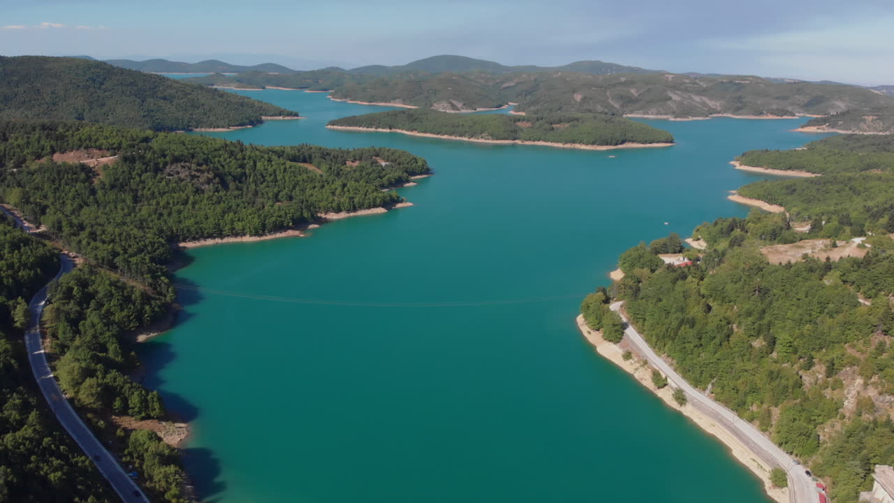 Aerial view of Artificial Lake Plastira in Greece sunny summer day