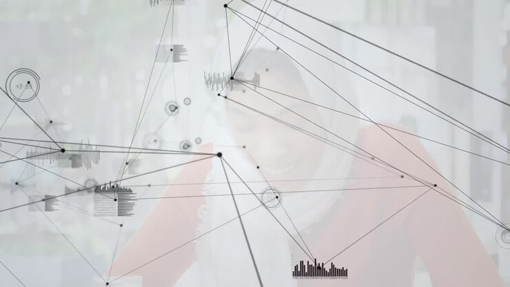 Network visualization extending over desk guiding chart clusters framing woman analyzing technology