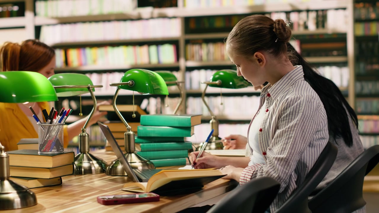 Studente in una biblioteca universitaria distratto da una notifica dello smartphone.