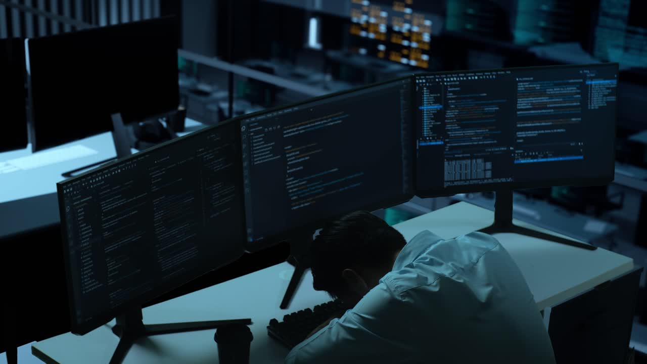 Side View Of Tired Asian Man Developer Sleeping While Write Code With Multiple Computer Screens In The Office
