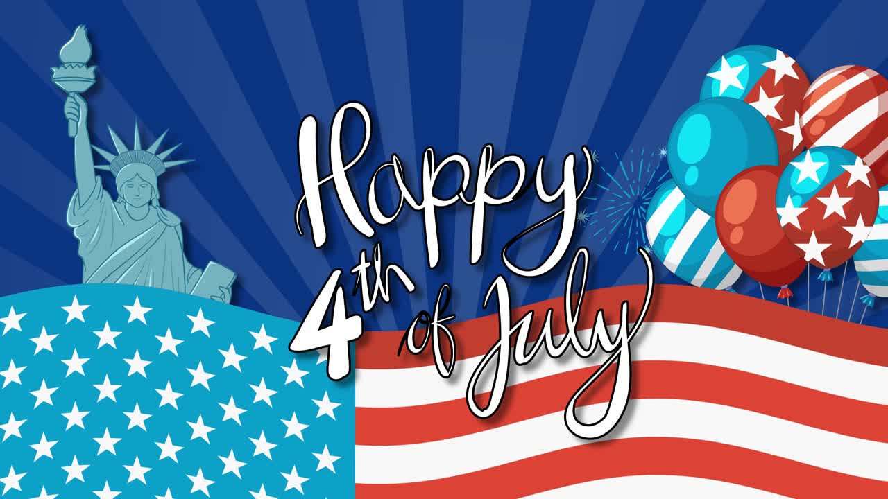 Dynamic animation with fireworks, balloons, and the Statue of Liberty celebrating Independence Day in vibrant red, white, and blue