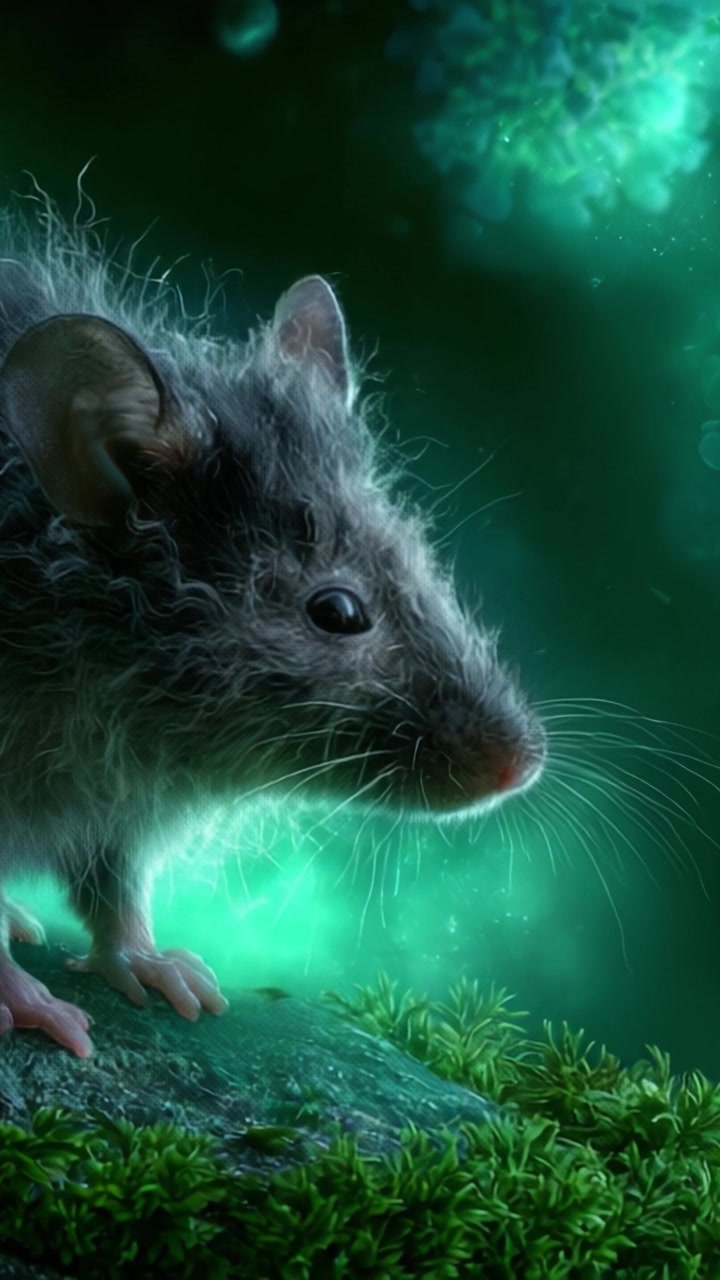 Una Creatura Enigmatica: Un'Esplorazione Ravvicinata di un Roditore Peloso Immerso in un Ambiente Verde Mistico, Catturando le Complessità e le Meraviglie della Natura