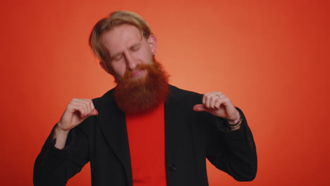 happy bearded man feeling very proud pointing hisself, looking self-confident, overjoyed by success