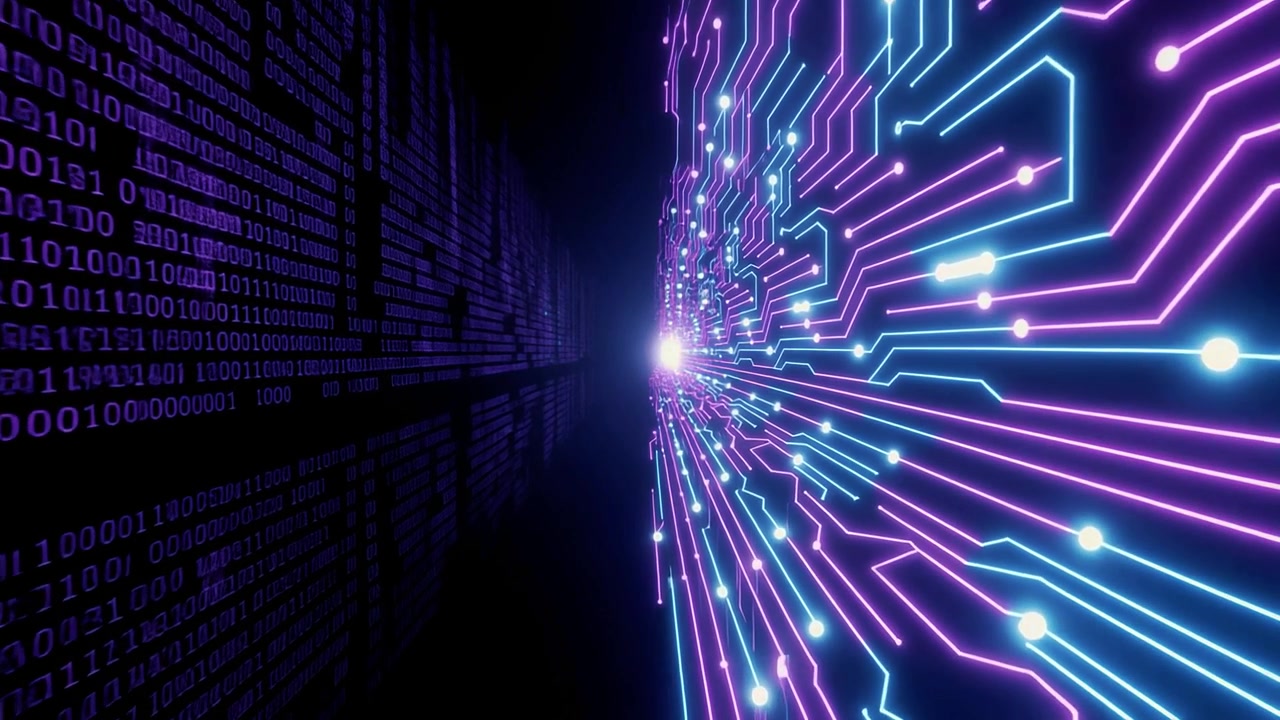Glowing Circuit Board and Binary Code Representing Digital Data Flow