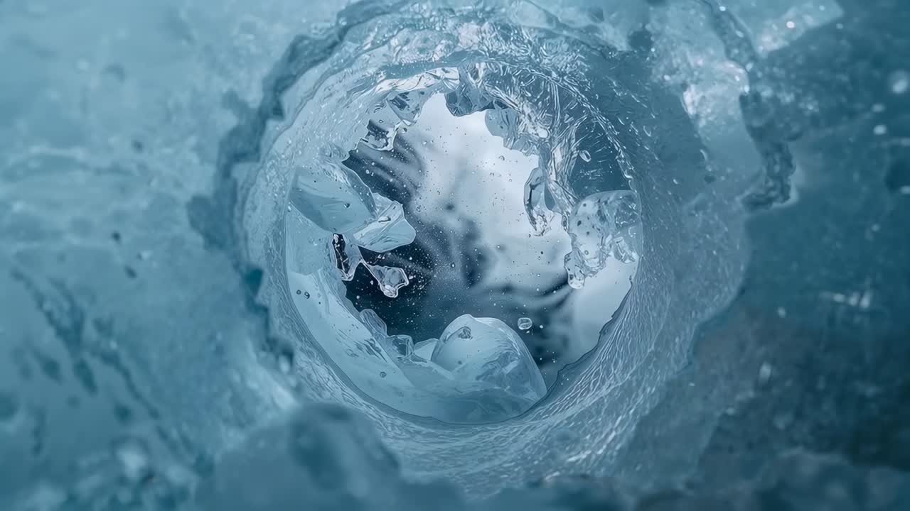 Melting round ice tunnel releasing droplets and bubbles along walls from slight warming, macro