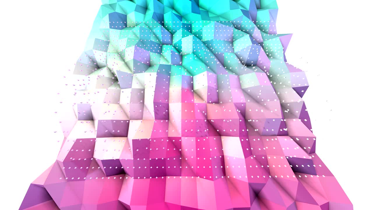 abstracto simple azul rosa baja poli superficie 3d y cristales blancos voladores como fondo molecular. suave fondo geométrico bajo poli de polígonos rosados azules puros. fondo de bucle sin costuras 4k fullhd.