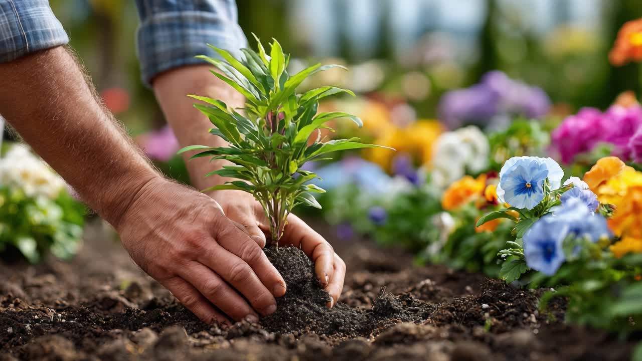 A Gardener's Touch: Nurturing New Life in a Flourishing Flower Bed Filled with Vibrant Blooms and Colorful Plants
