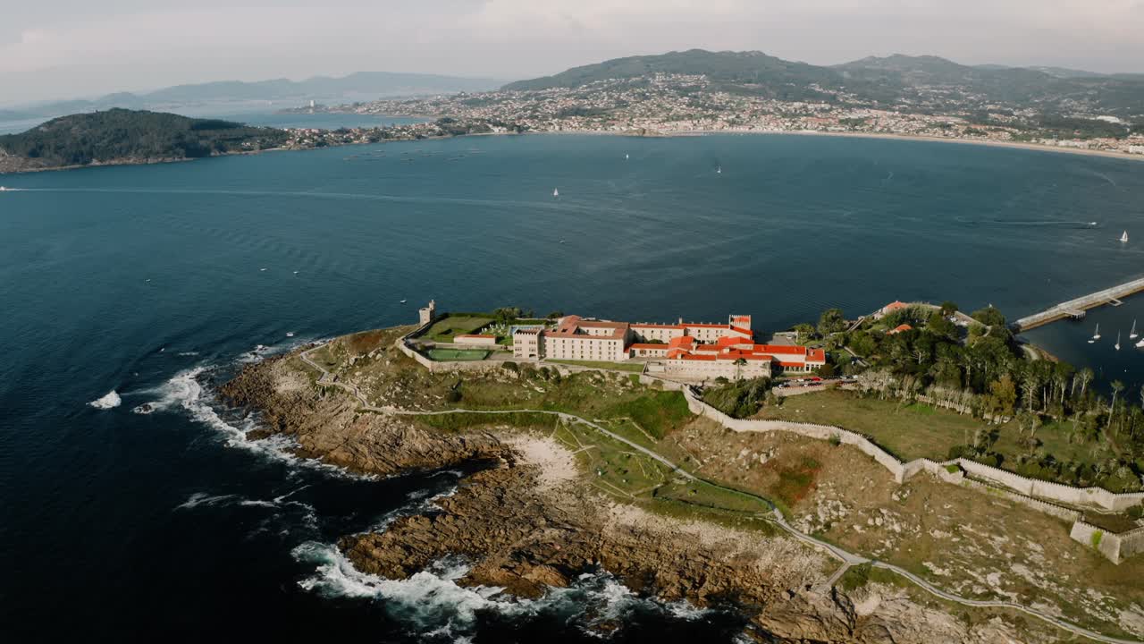 Panoramic Aerial View Of Fortress Monterreal, Hotel Parador On Top Of Coastal Rocky Hill, Baiona Spain