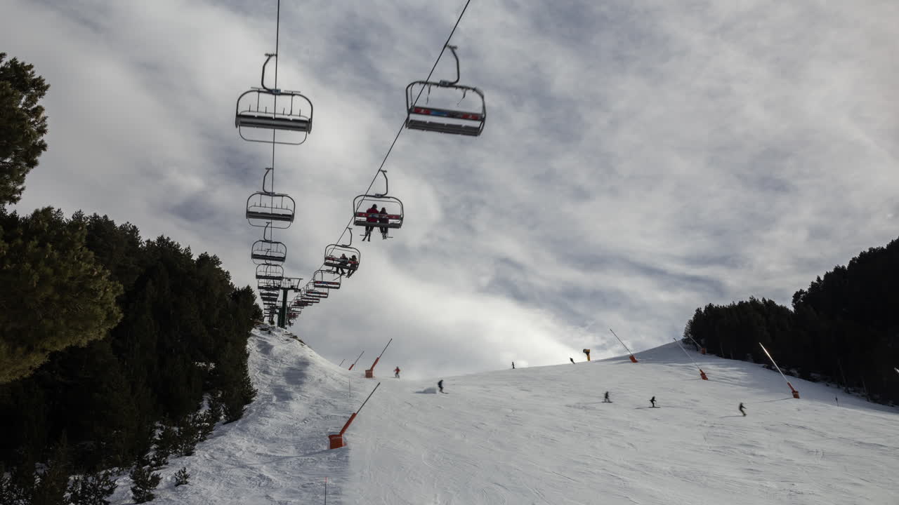 Sciatori che scendono un pendio montano innevato, con seggiovie in alto.