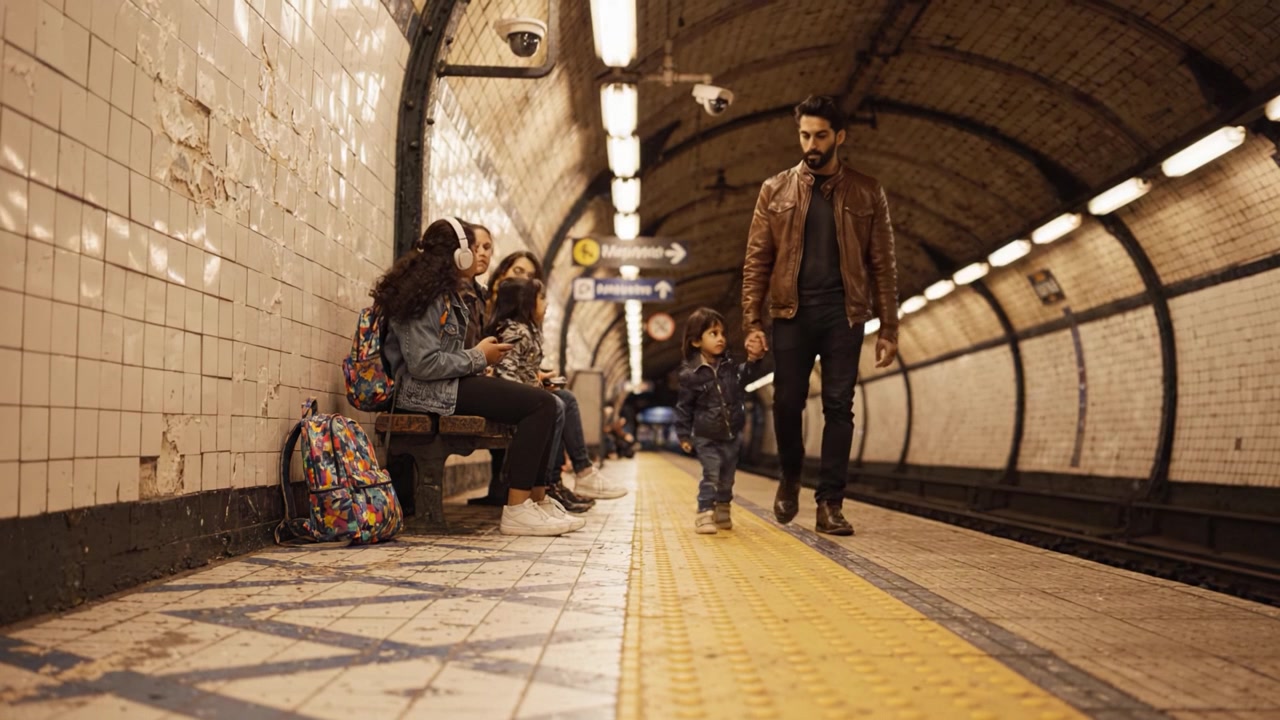 Donne e bambini in attesa in una stazione della metropolitana, evidenziando le dinamiche del pendolarismo quotidiano e la vita urbana in un contesto di trasporto pubblico.
