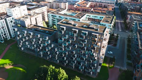 aerial view of modern apartment building with numerous balconies