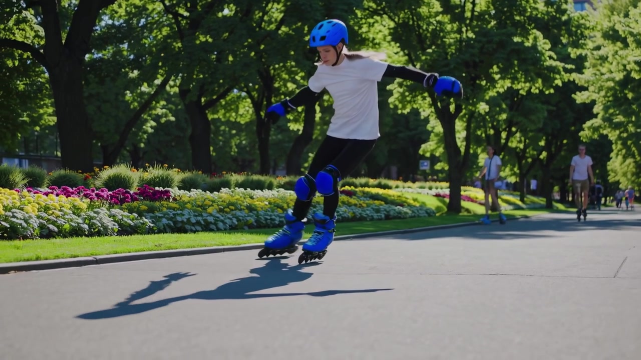 Young Woman Rollerblading in a Sunny Park