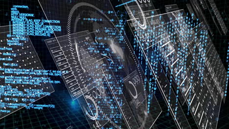 Animation of financial data processing and scope over black background