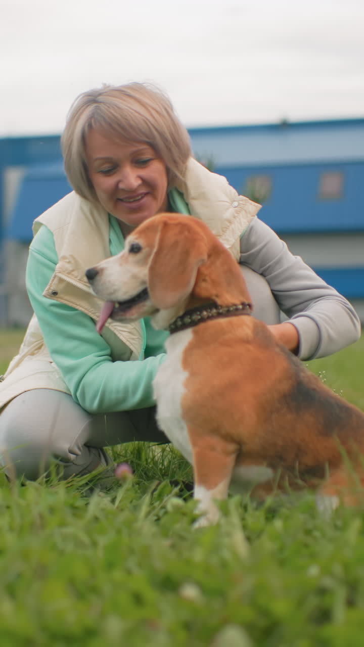 Mujer blanca con un beagle en la hierba, arrodillada ofreciéndole una golosina, acariciándole el collar, sonriendo y dando indicaciones de entrenamiento con un fondo de parque nublado con pradera verde suave, chaqueta informal y bufanda, ambiente relajado de tarde