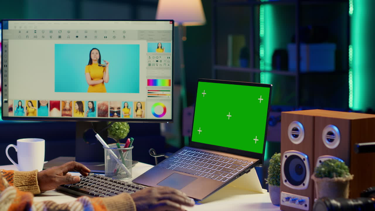 Man editing photo on computer with green screen laptop