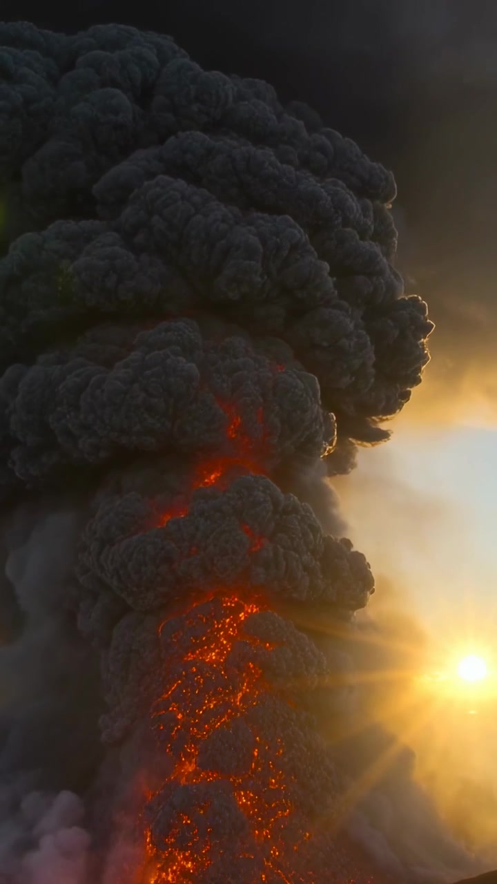 Video vertical: Chimenea volcánica en erupción enviando una alta columna de ceniza hacia el cielo cerca de una cresta, con fragmentos fundidos.
