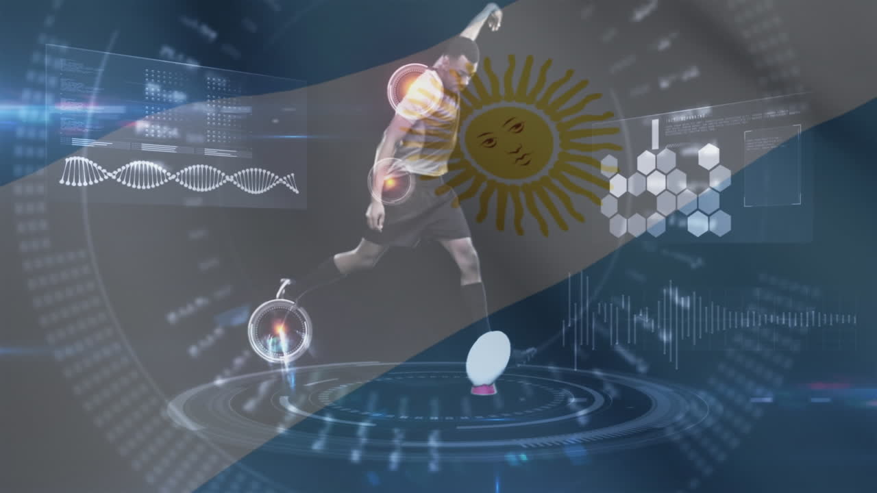 jugador de rugby pateando la pelota contra la bandera argentina