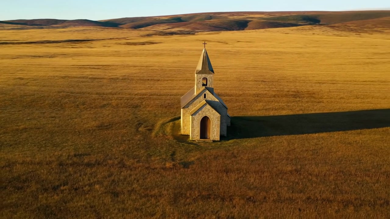 Piccola chiesa in pietra con alto campanile a punta e croce si erge solitaria leggermente a destra del centro in una vasta prateria dorata, con luce solare calda e bassa, ombre lunghe, orizzonte aperto e un'atmosfera rurale calma.