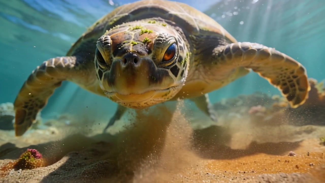 Swimming green sea turtle beating front flippers along shallow reef floor, lifting sand cloud