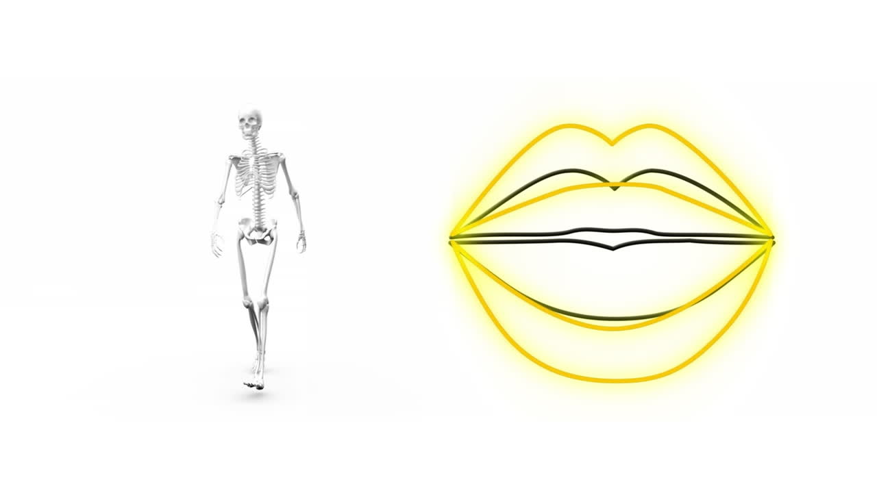 animación digital de labios amarillos de neón y esqueleto humano caminando contra un fondo blanco