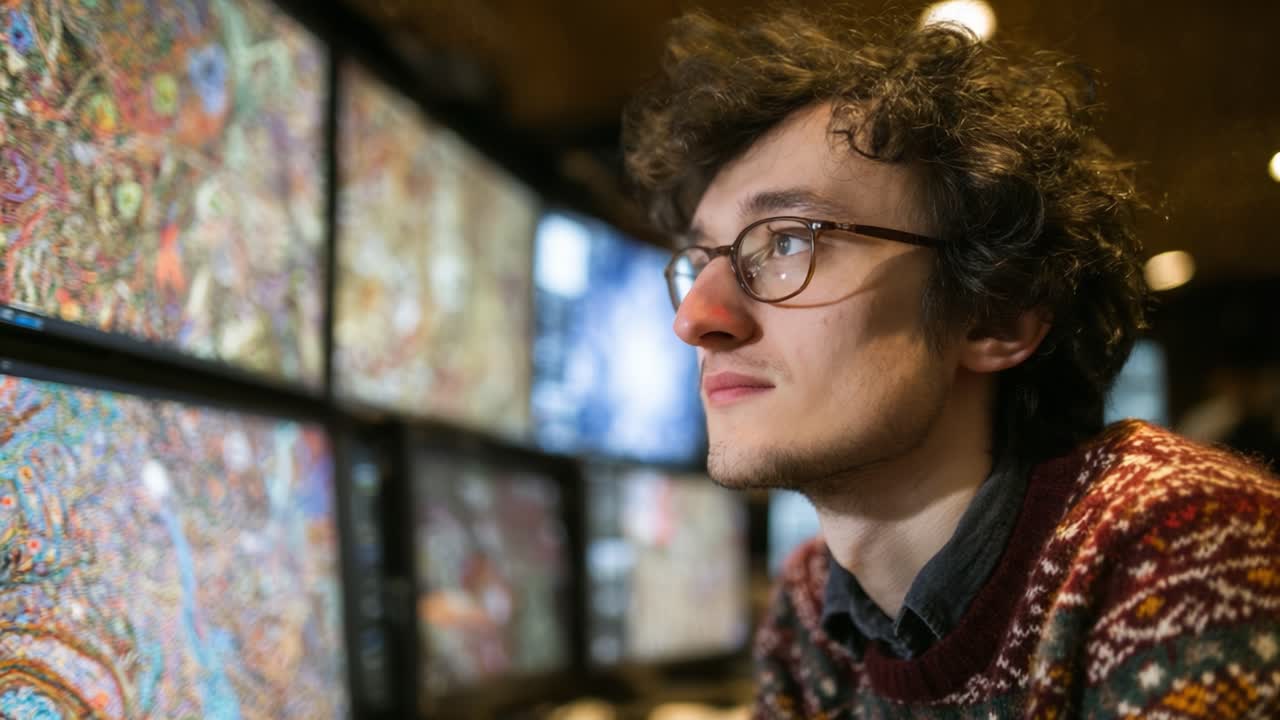 Contemplative Individual Analyzing Multiple Screens Displaying Intricate Visual Data in Dimly Lit Environment Reflecting Creative Engagement and Focus on Information Processing