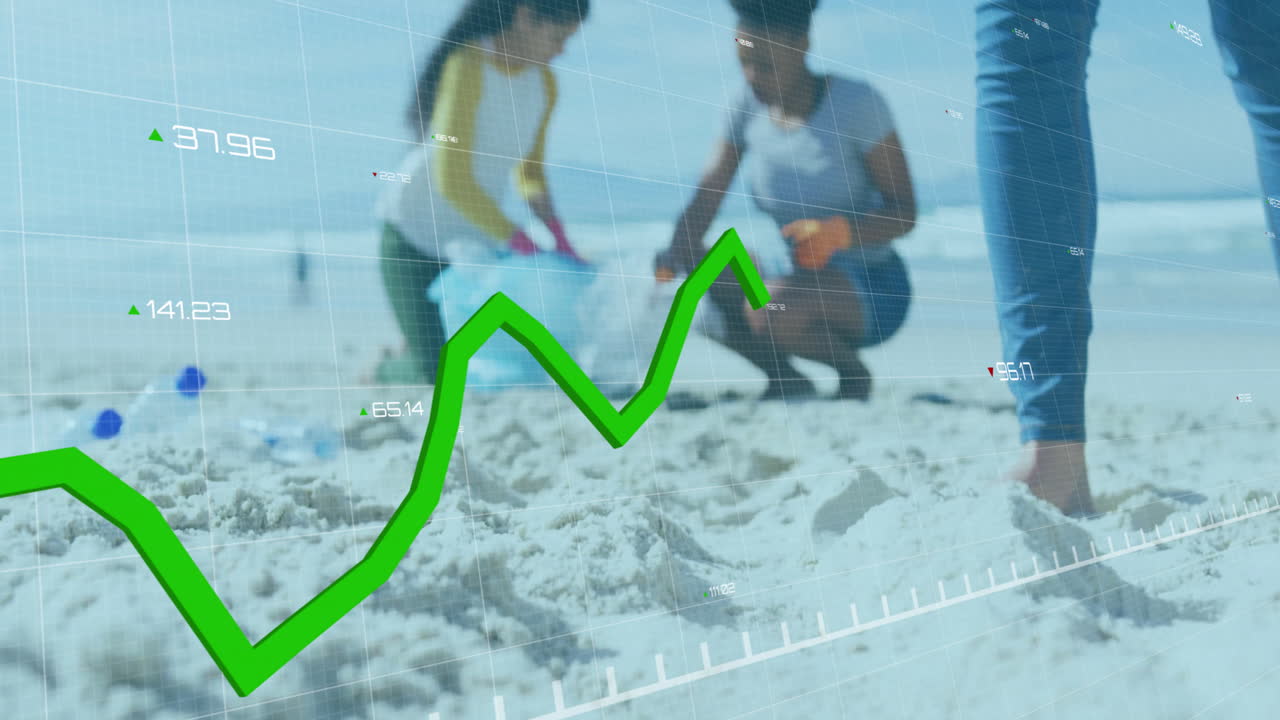 animación del procesamiento de datos financieros sobre diversas personas reciclando en la playa