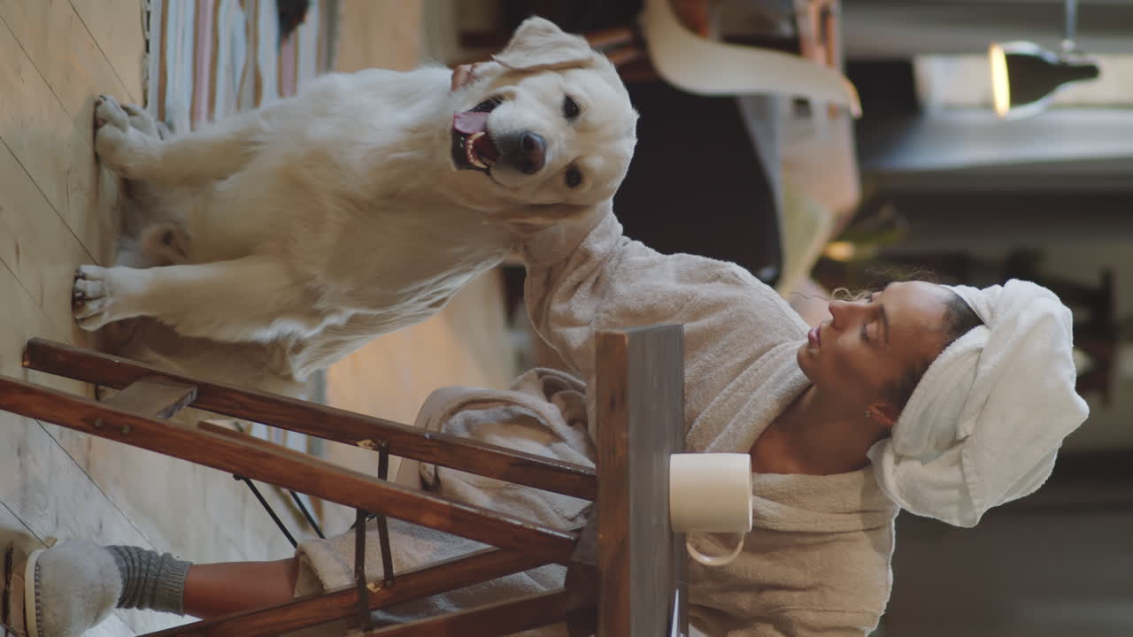 Donna e cane che si godono la mattinata a casa