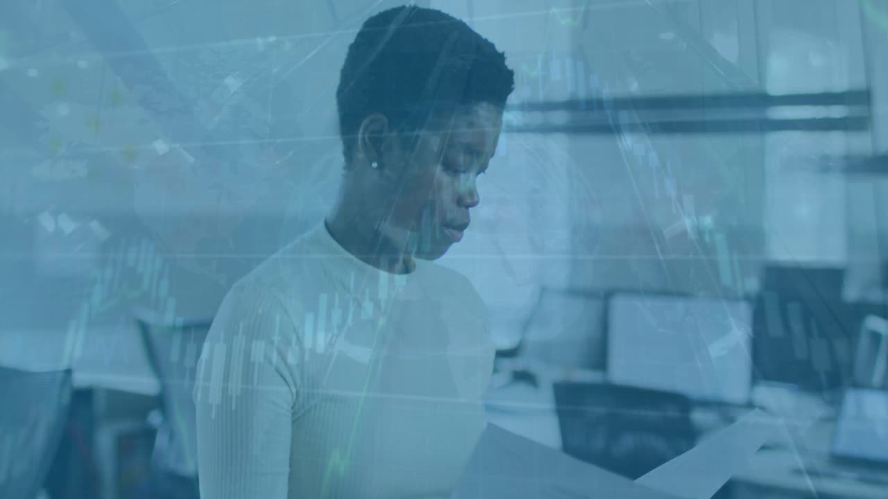 Animation of data processing over african american woman in office
