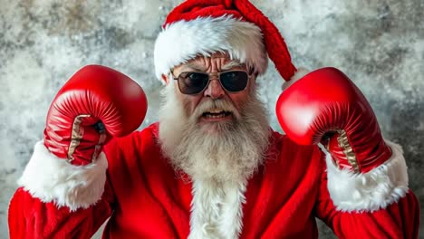 un hombre vestido como santa claus con guantes de boxeo y gafas de sol