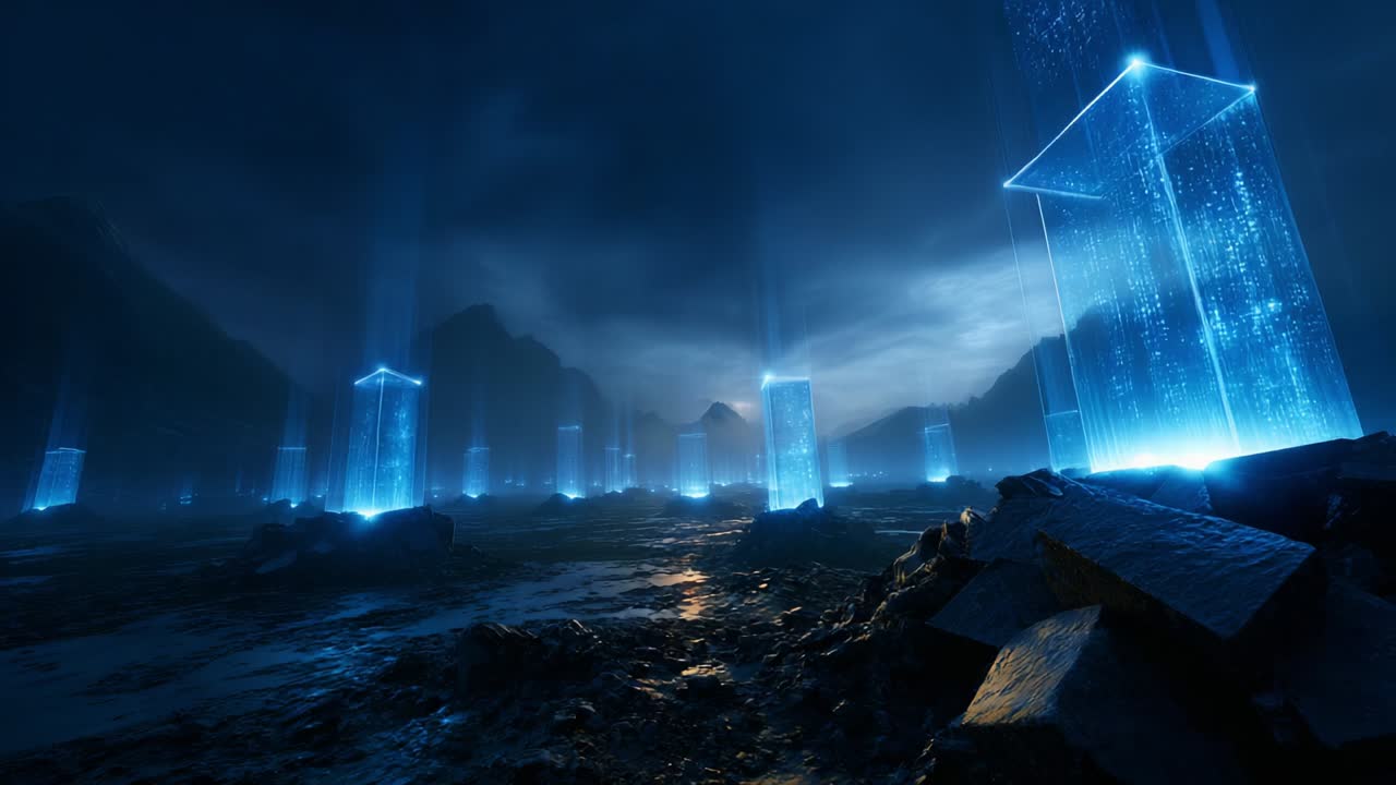 Illuminated Structures in a Mystical Landscape: A Futuristic Scene with Glowing Towers Emanating Light Through a Dark, Moody Environment Surrounded by Majestic Mountains and Reflective Waters