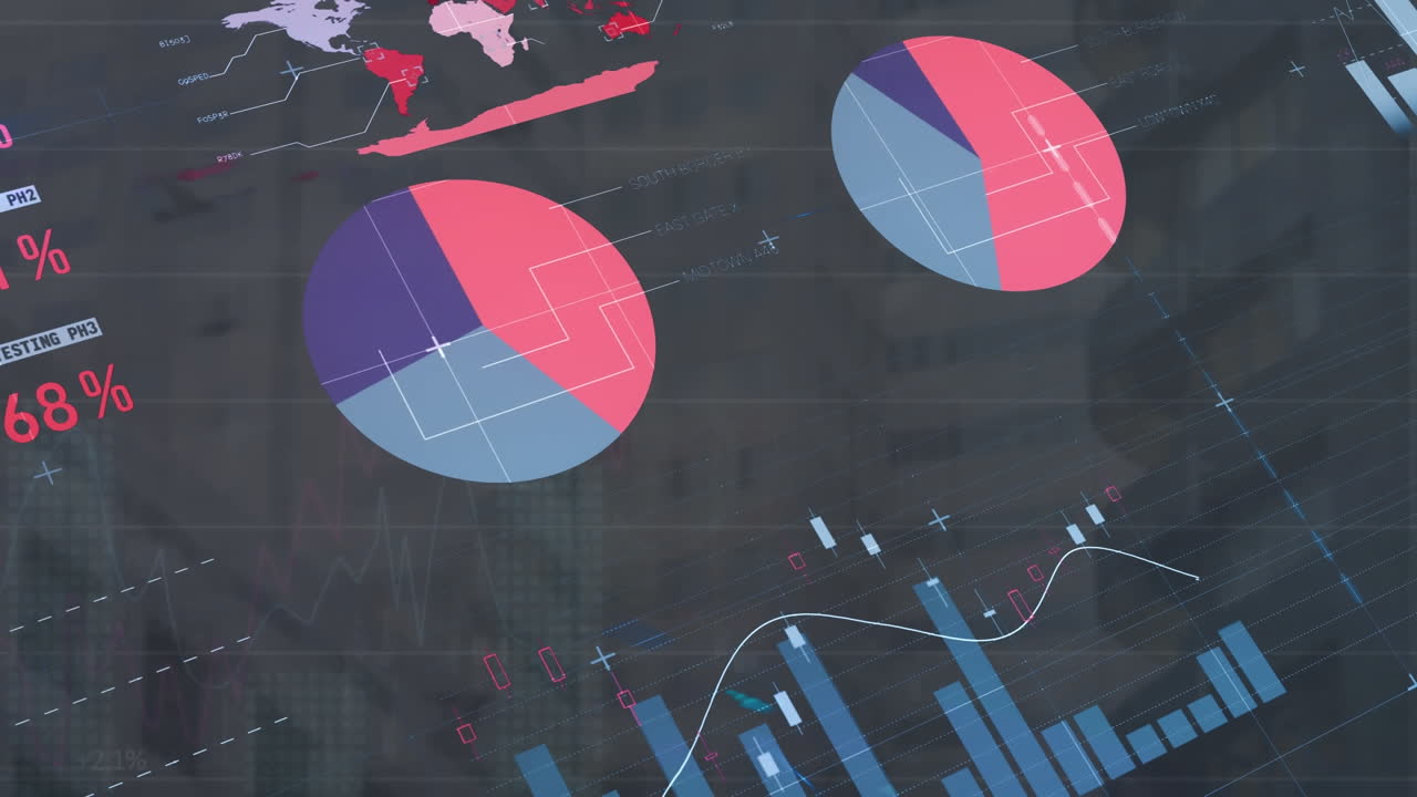 animación de una interfaz infográfica multicolor sobre un fondo abstracto