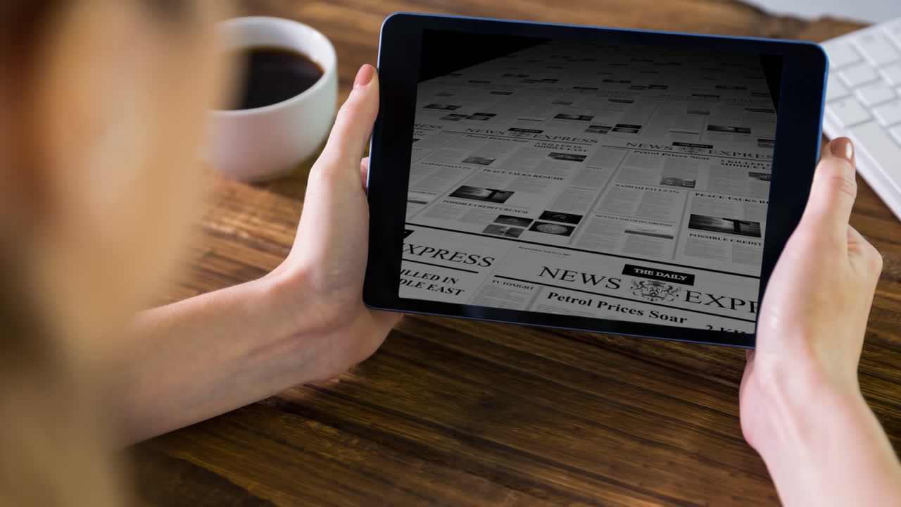 Digital animation of person browsing the newspaper on the digital tablet 4K
