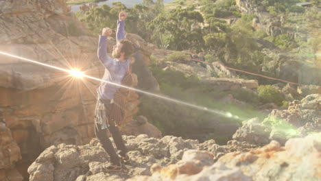 animation of light trails over caucasian man with arms outstretched