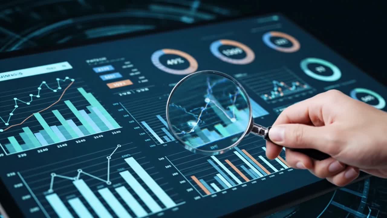 A hand holds a magnifying glass over a screen with financial charts