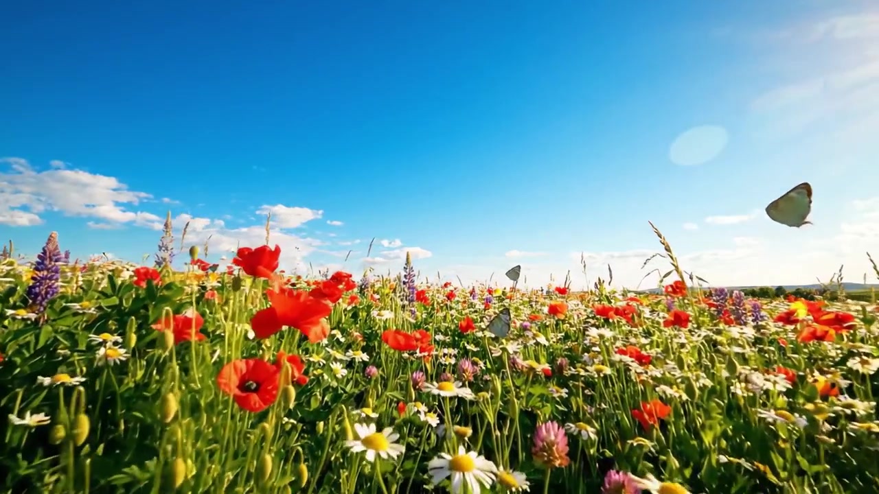 Una vivace esposizione di fiori selvatici sotto un cielo azzurro limpido, che mostra una vasta gamma di colori con margherite, papaveri e lupini in un sereno paesaggio naturale.